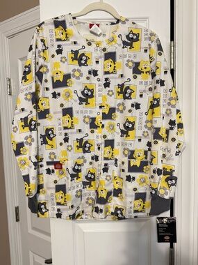 Dickies Playful Cat Print Scrub Jacket in White, Yellow, & Gray